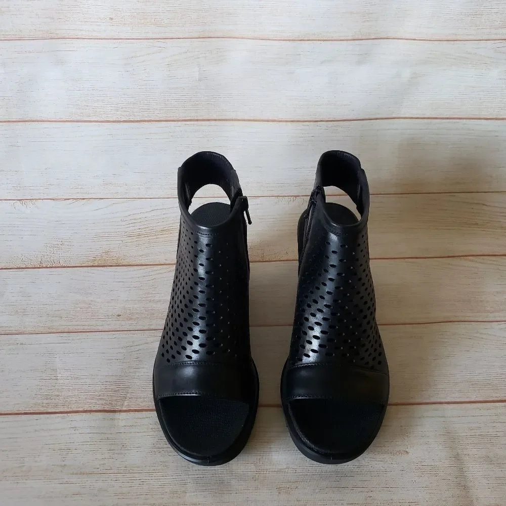 ECCO Freja Wedge Leather Sandal Bootie Ankle Boot Open Toe Laser Cut Black